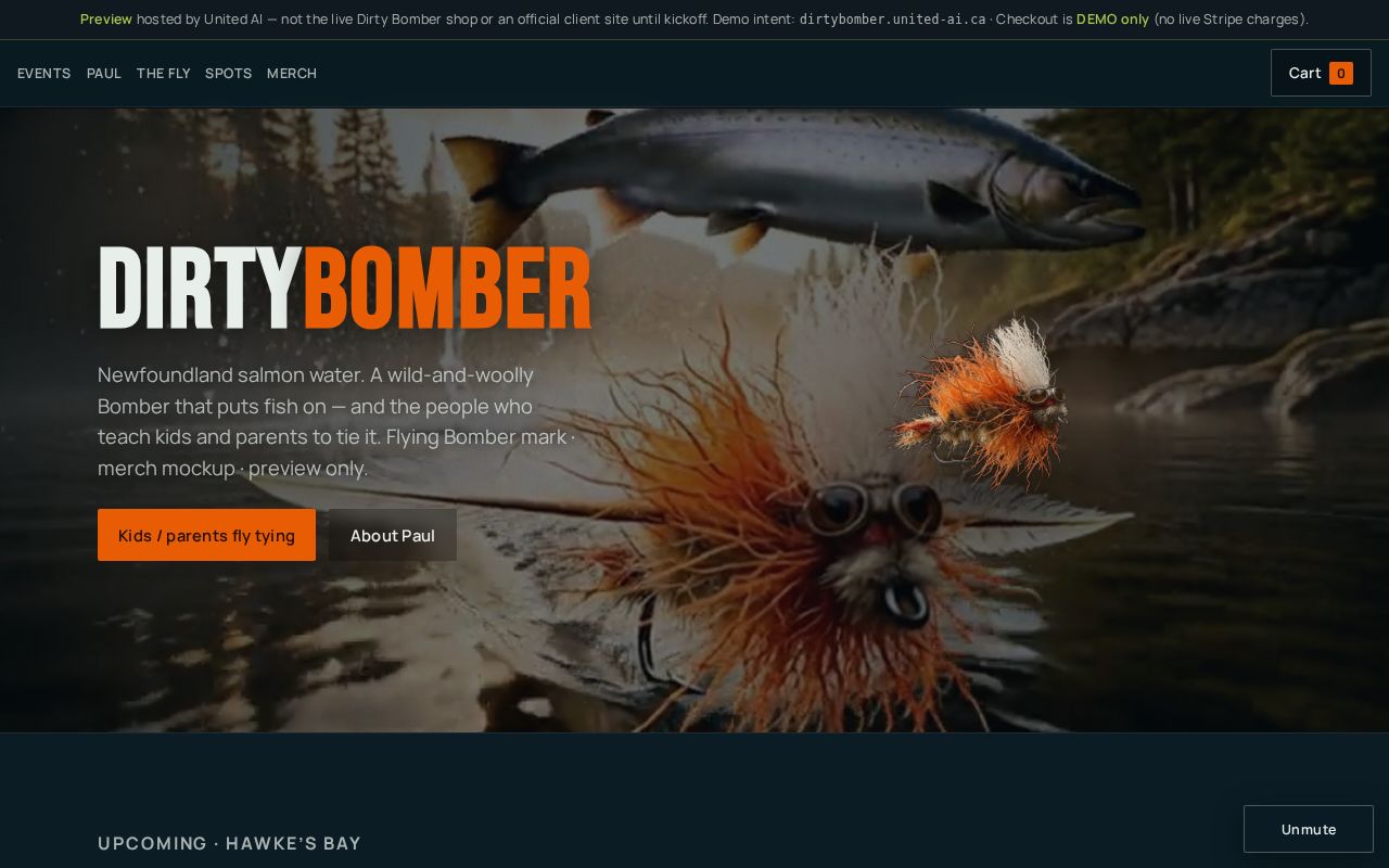 Dirty Bomber sample site on a laptop-sized screen